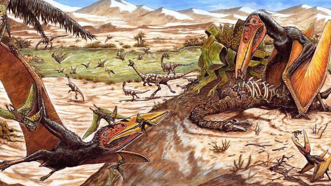 Recreación de Keresdrakon vilsoni. El ejemplar de la derecha se alimenta de los restos del dinosaurio Vespersaurus parananesis