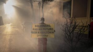 Greenpeace protesta ante la embajada de Brasil en Madrid por los incendios del Amazonas