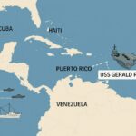 Mapa del Caribe mostrando el portaaviones USS Gerald R. Ford y países circundantes.