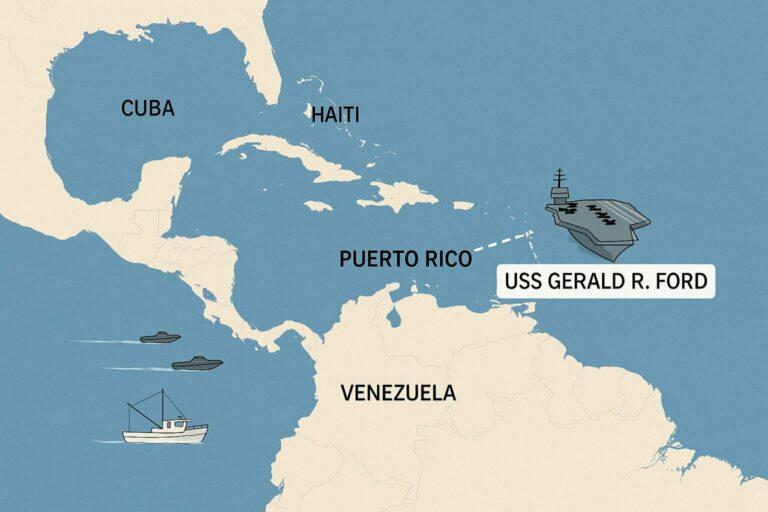Mapa del Caribe mostrando el portaaviones USS Gerald R. Ford y países circundantes.