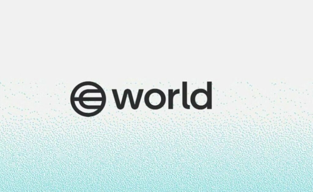 Logo de Worldcoin sobre fondo degradado azul y blanco