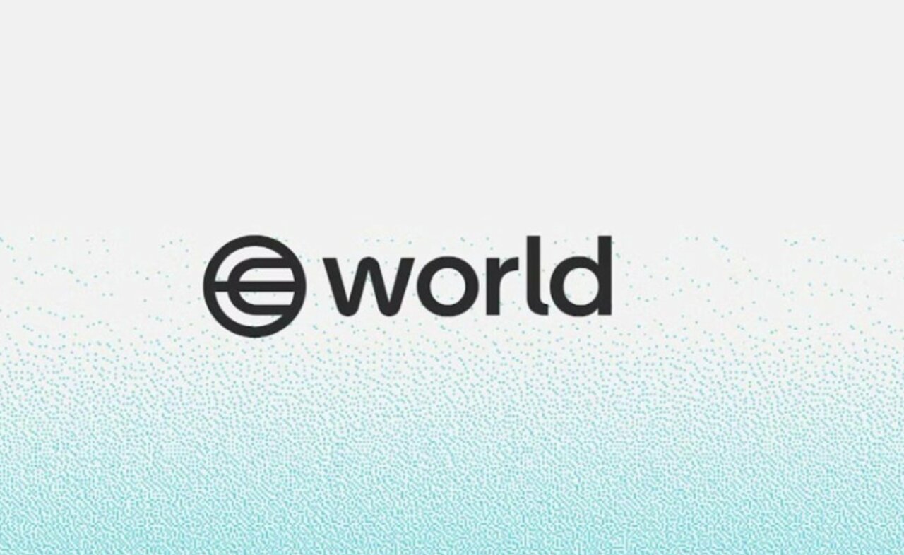 Logo de Worldcoin sobre fondo degradado azul y blanco