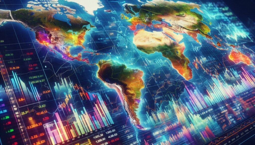 Mapa mundial con gráficos financieros y datos de mercados