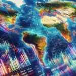 Mapa mundial con gráficos financieros y datos de mercados