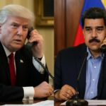 Donald Trump y Nicolás Maduro hablando por teléfono en sus respectivas oficinas.