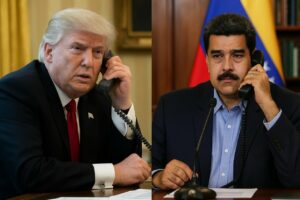 Donald Trump y Nicolás Maduro hablando por teléfono en sus respectivas oficinas.