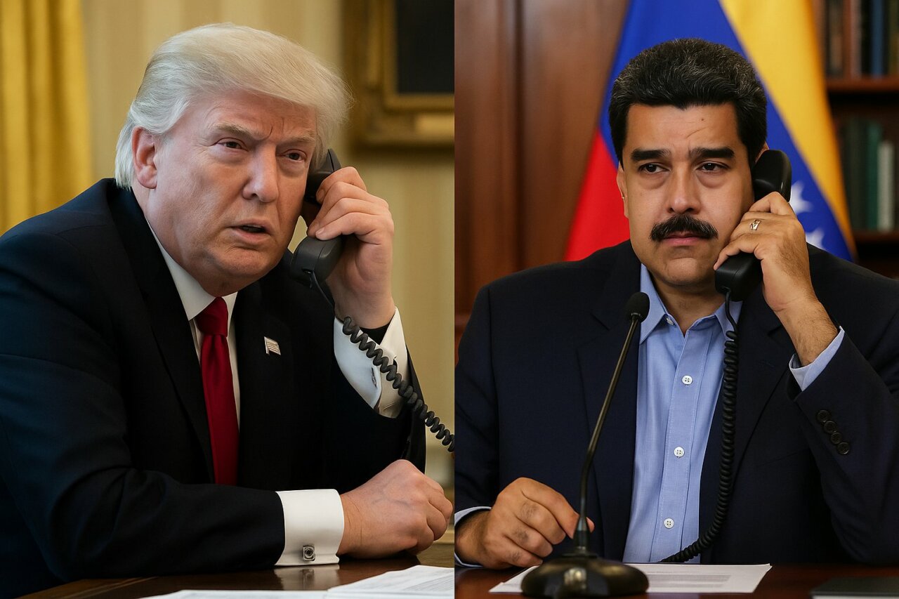 Donald Trump y Nicolás Maduro hablando por teléfono en sus respectivas oficinas.