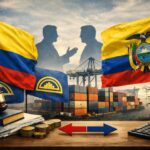 Banderas de Colombia y Ecuador con un fondo de comercio y diálogo
