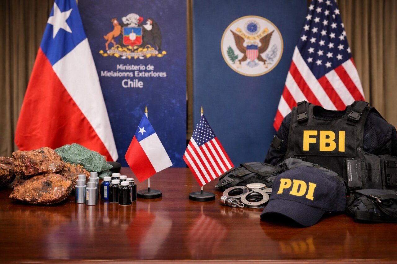 Mesa con banderas de Chile y EEUU, equipo policial y minerales