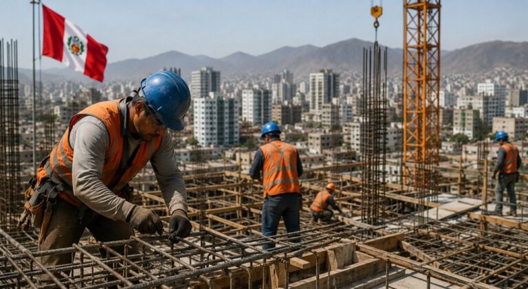Trabajadores de la construcción en Perú con bandera nacional