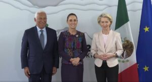 El presidente del Consejo Europeo, António Costa, la presidenta de México, Claudia Sheinbaum y la presidenta de la Comisión Europea, Ursula von der Leyen, durante una reunión del G7 (Foto: Consejo Europeo)
