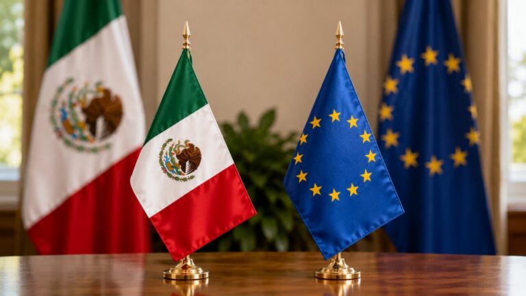Banderas de México y la Unión Europea en un evento diplomático