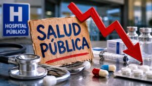 Cartel de salud pública con gráfico descendente y equipo médico
