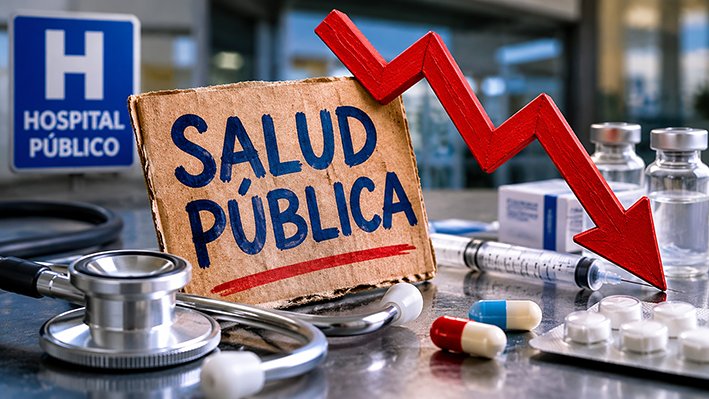 Cartel de salud pública con gráfico descendente y equipo médico
