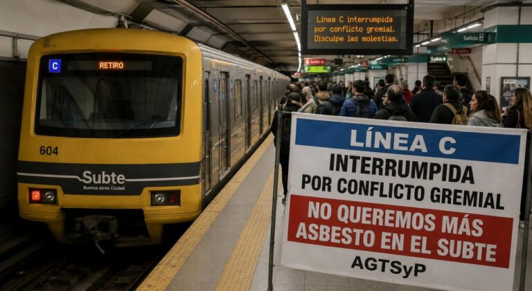 Tren de la línea C del metro de Buenos Aires con aviso de interrupción por huelga.